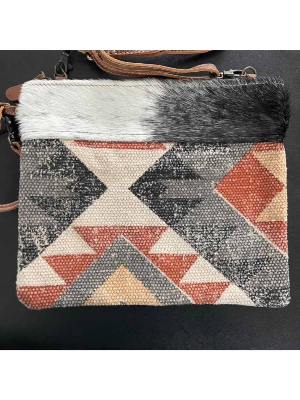 Myra Bag Womens Western Boho Crossbody Clutch Bag Cowhide Canvas Geometric Aztec
